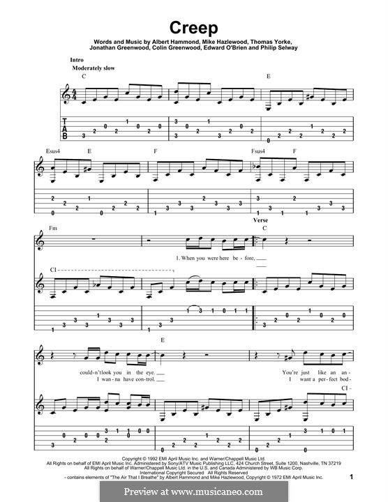 Creep (Radiohead): Гитарная табулатура by Albert Hammond, Colin Greenwood, Ed O'Brien, Jonny Greenwood, Mike Hazelwood, Phil Selway, Thomas Yorke