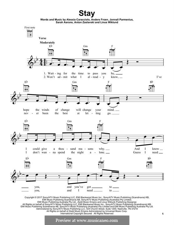 Stay (Zedd & Alessia Cara): Для укулеле by Jonnali Parmenius, Linus Wiklund, Anton Zaslavski, Alessia Cara, Anders Froen, Sarah Aarons