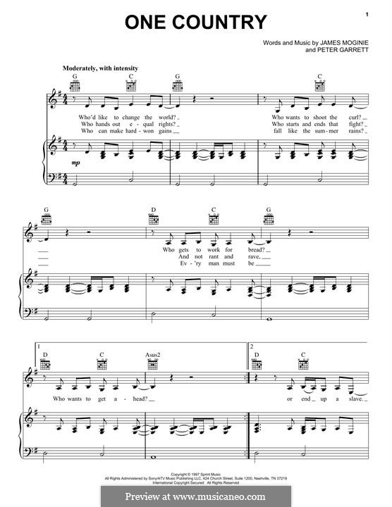 One Country (Midnight Oil): Для голоса и фортепиано (или гитары) by Jim Moginie, Peter Garrett