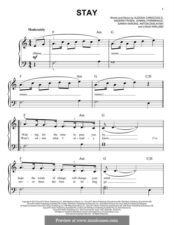 Stay (Zedd & Alessia Cara): Для фортепиано by Jonnali Parmenius, Linus Wiklund, Anton Zaslavski, Alessia Cara, Anders Froen, Sarah Aarons