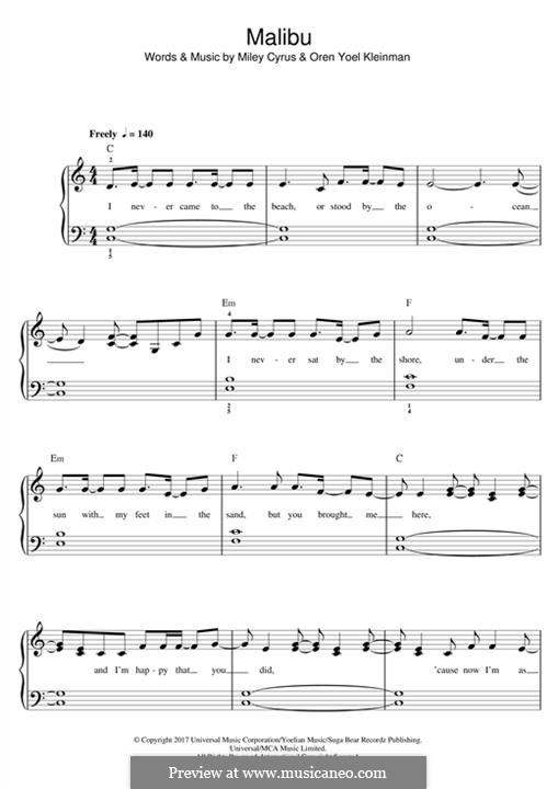 Malibu (Miley Cyrus): Для фортепиано by Miley Ray Cyrus, Oren Yoel