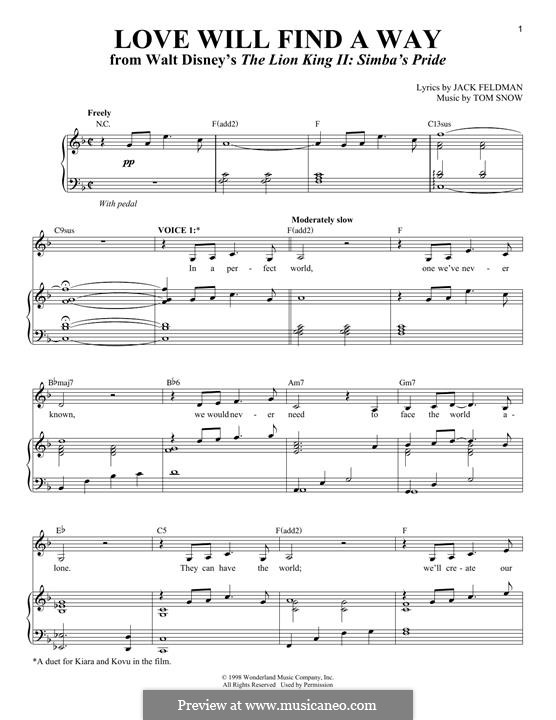 Love Will Find a Way (from The Lion King II: Simba's Pride): Для голоса и фортепиано by Tom Snow