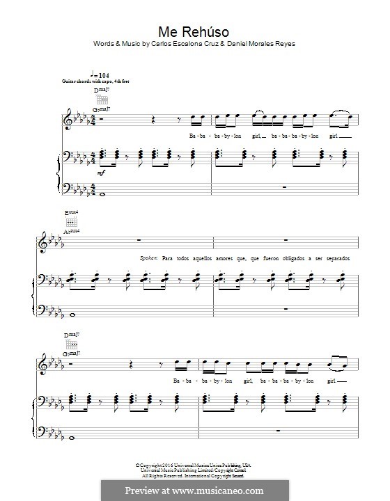 Me Rehúso (Danny Ocean): Для голоса и фортепиано (или гитары) by Carlos Escalona Cruz, Daniel Morales Reyes