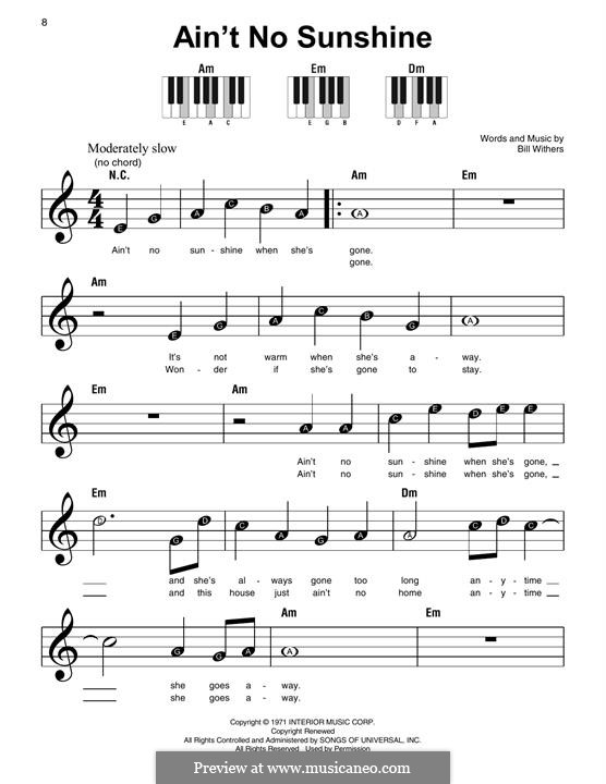 Ain't No Sunshine: Для фортепиано (легкий уровень) by Bill Withers