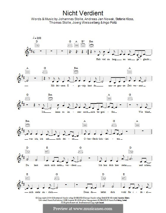 Nicht Verdient (Silbermond): Мелодия by Johannes Stolle, Thomas Stolle, Andreas Jan Nowak, Stefanie Kloss, Joerg Weisselberg