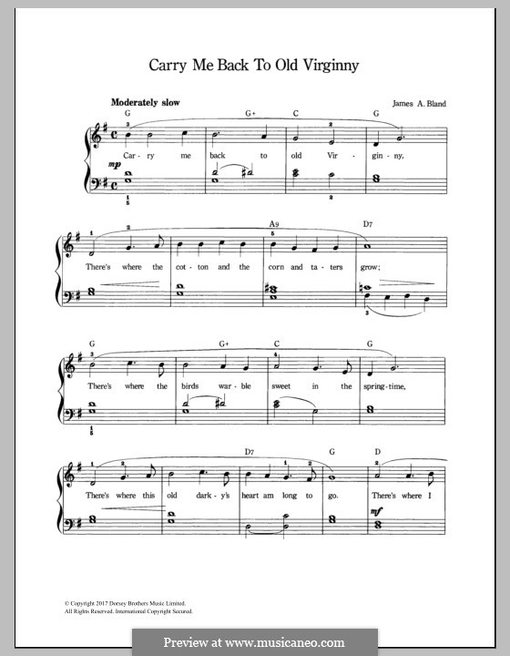 Carry Me Back to Old Virginny: Для голоса и фортепиано by James A. Bland