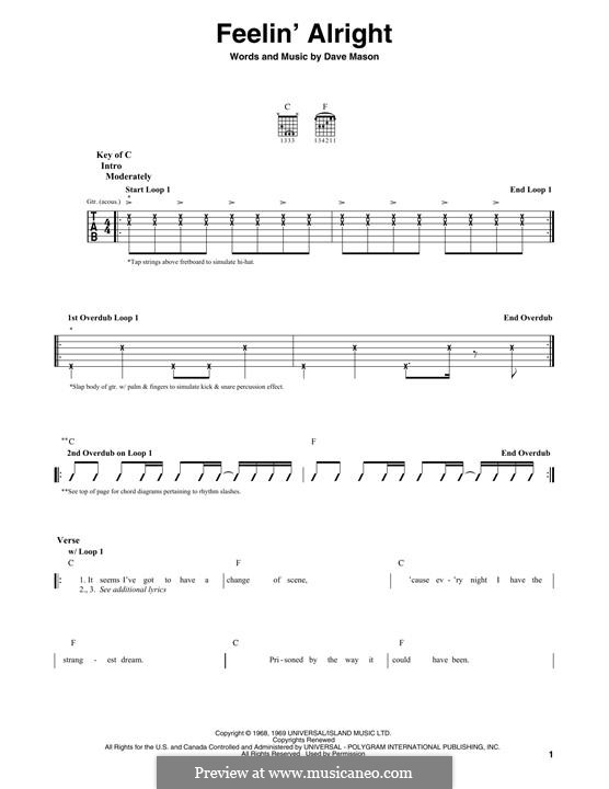 Feelin' Alright (Joe Cocker): Гитарная табулатура by Dave Mason