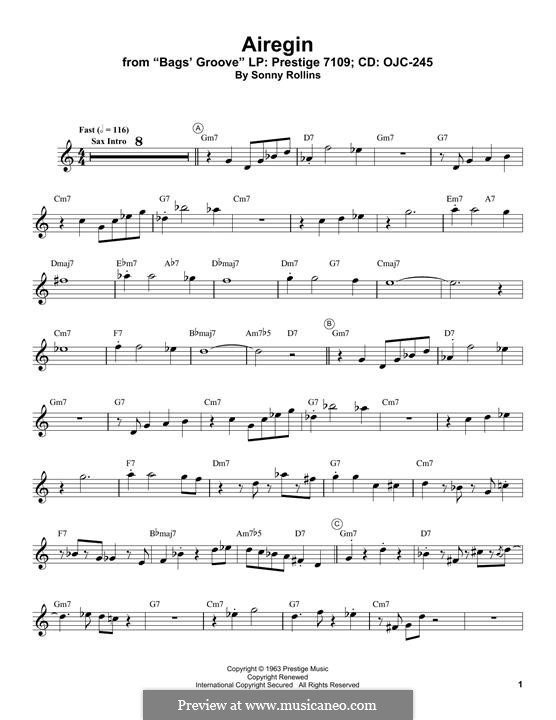 Airegin (John Coltrane): For trumpet (Miles Davis) by Sonny Rollins