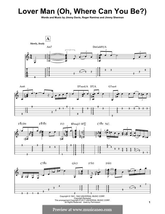 Lover Man (Oh, Where Can You Be?): Гитарная табулатура by Jimmie Davis, Jimmy Sherman, Roger Ramirez
