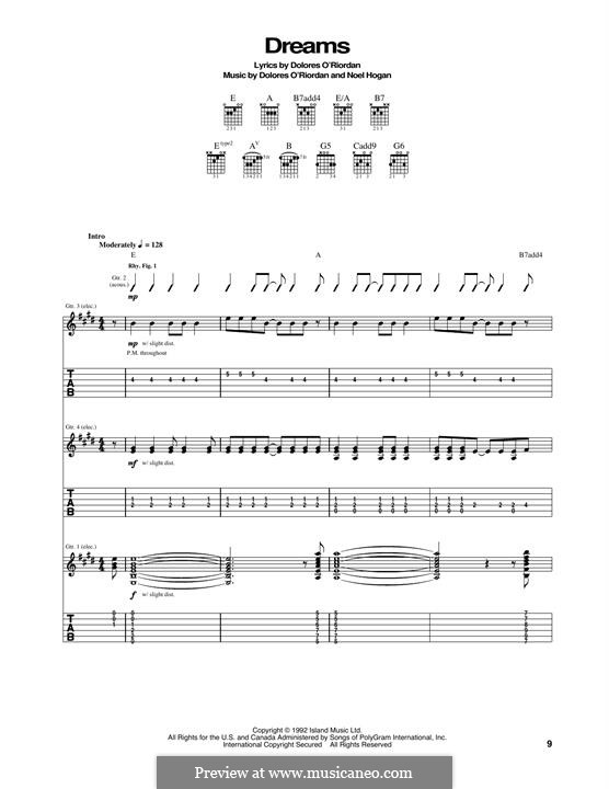 Dreams (The Cranberries): Гитарная табулатура by Dolores O'Riordan, Noel Hogan