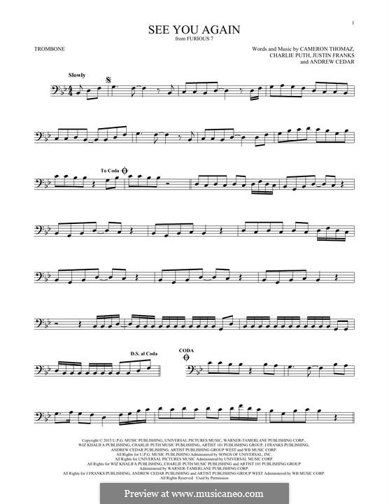 See You Again (Wiz Khalifa feat. Charlie Puth): For trombone by Justin Franks, Wiz Khalifa, Andrew Cedar, Charlie Puth