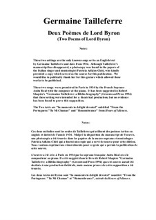 Deux Poèmes de Lord Byron (Two Poems of Lord Byron) for high voice and piano: Deux Poèmes de Lord Byron (Two Poems of Lord Byron) for high voice and piano by Germaine Tailleferre