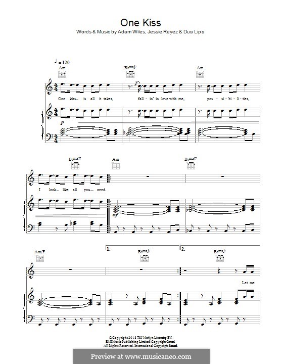 One Kiss (Calvin Harris & Dua Lipa): Для голоса и фортепиано (или гитары) by Calvin Harris, Dua Lipa, Jessie Reyez