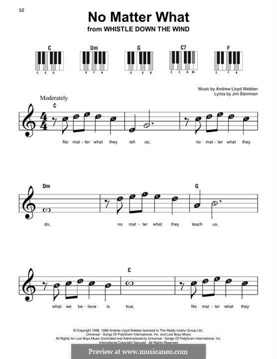 No Matter What (from Whistle Down the Wind): For easy piano with lyrics by Andrew Lloyd Webber