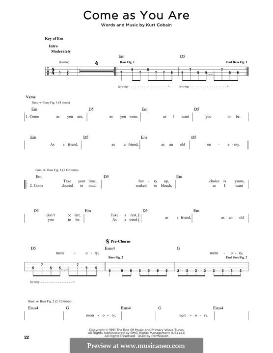 Come as You Are (Nirvana): For bass voice by Kurt Cobain