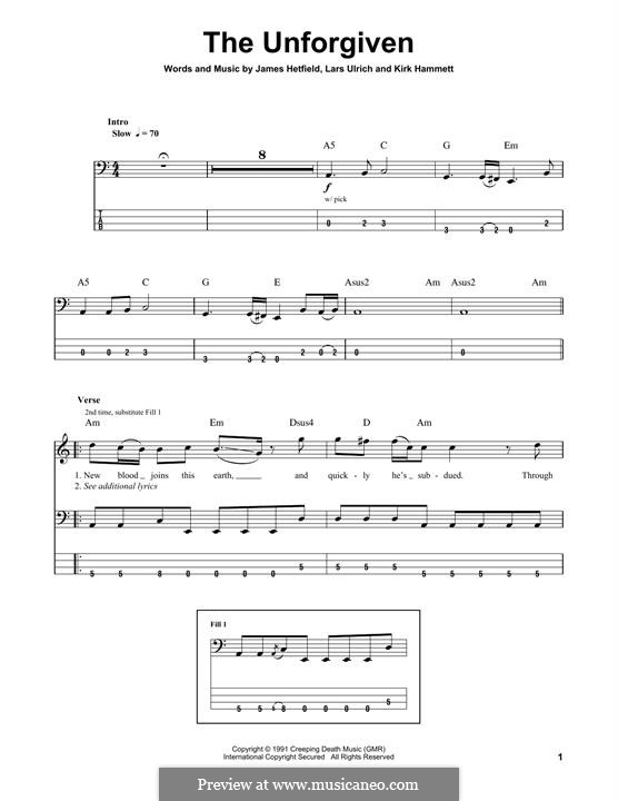 The Unforgiven (Metallica): Для бас-гитары с табулатурой by James Hetfield, Kirk Hammett, Lars Ulrich