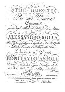 Три дуэта для двух скрипок, BI 161,122,185 Op.4: Три дуэта для трех скрипок by Алессандро Ролла