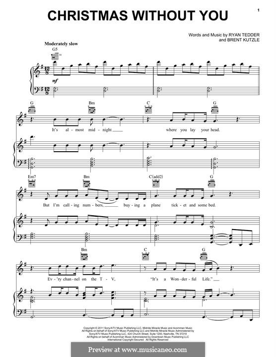 Christmas Without You (OneRepublic): Для голоса и фортепиано (или гитары) by Brent Kutzle, Ryan B Tedder