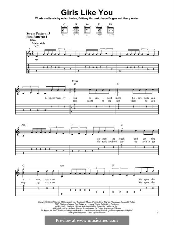 Girls Like You (Maroon 5): Гитарная табулатура by Adam Levine, Henry Russell Walter, Jason Evigan, Brittany Hazzard