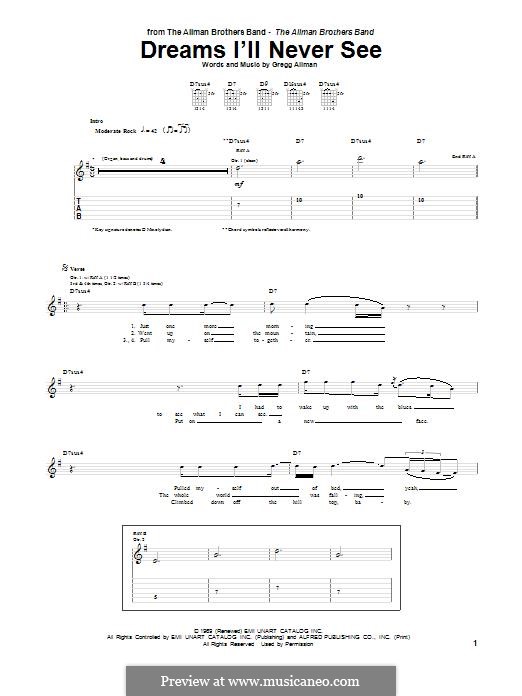 Dreams I'll Never See (Allman Brothers Band): Гитарная табулатура by Gregg Allman