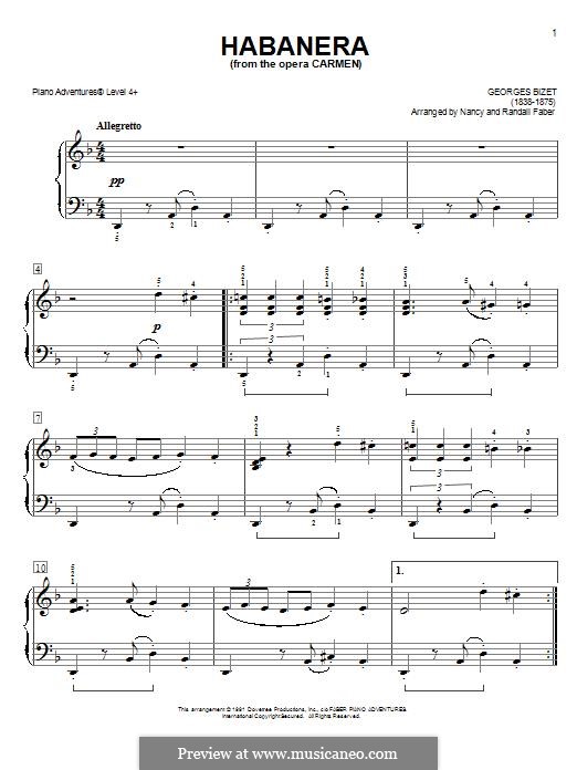 Habanera (Printable Scores): Легкая версия для фортепиано by Жорж Бизе