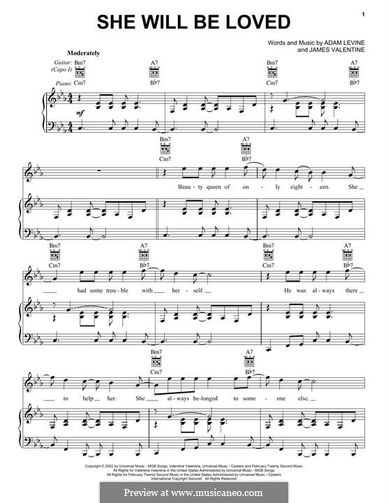She Will Be Loved (Maroon 5): Для голоса и фортепиано (или гитары) by Adam Levine, James Valentine