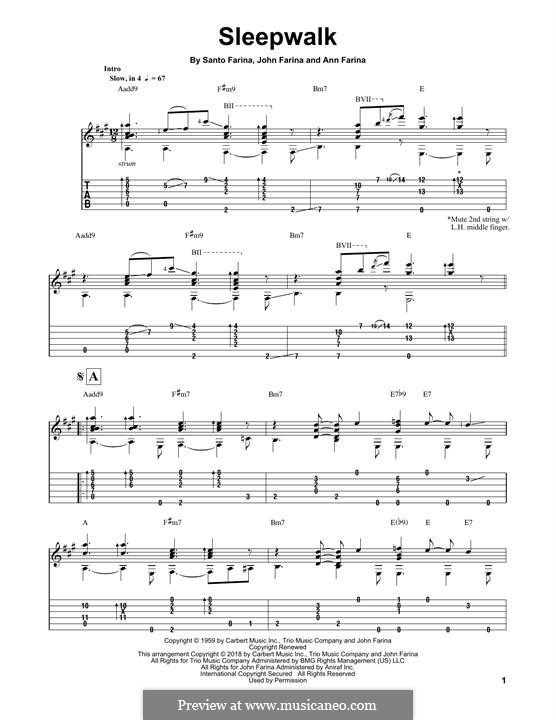 Sleepwalk (Santo & Johnny): Гитарная табулатура by Ann Farina, John Farina, Santo Farina