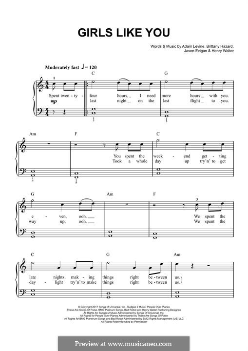 Girls Like You (Maroon 5): Для фортепиано by Adam Levine, Henry Russell Walter, Jason Evigan, Brittany Hazzard
