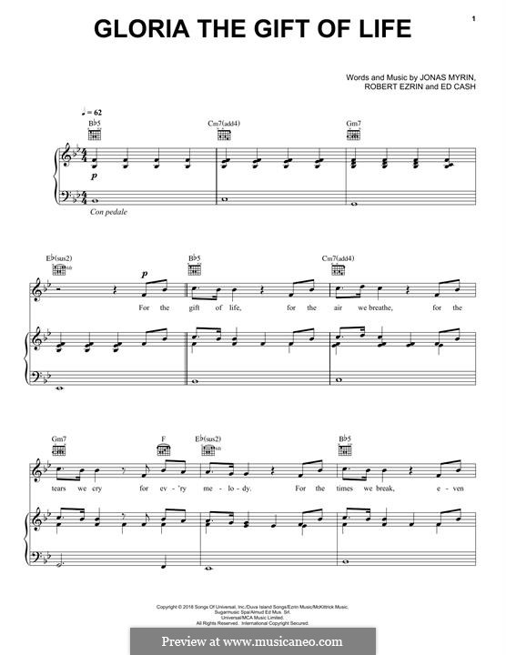 Gloria the Gift of Life (Andrea Bocelli): Для голоса и фортепиано (или гитары) by Bob Ezrin, Ed Cash, Jonas Myrin