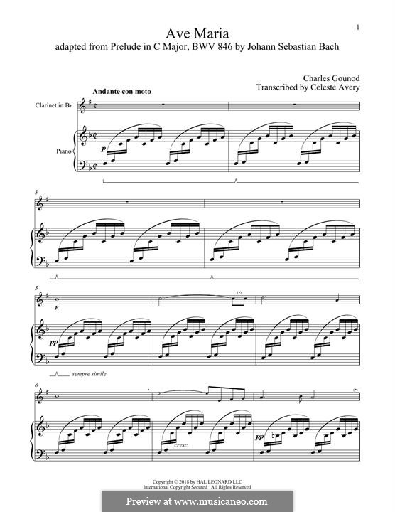 Ave Maria (Printable Sheet Music): Для кларнета и фортепиано by Иоганн Себастьян Бах, Шарль Гуно