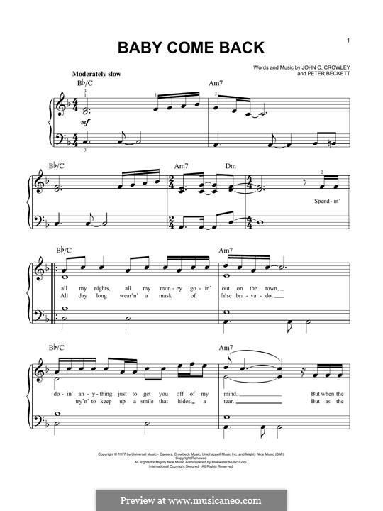 Baby Come Back (Player): Для фортепиано by John C. Crowley, Peter Beckett
