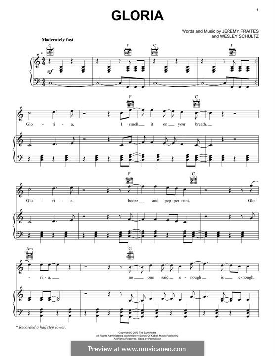 Gloria (The Lumineers): Для голоса и фортепиано (или гитары) by Jeremy Fraites, Wesley Schultz