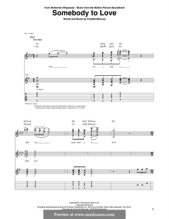 Somebody to Love (Queen): Гитарная табулатура by Freddie Mercury