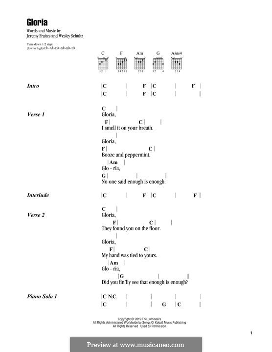 Gloria (The Lumineers): Текст, аккорды by Jeremy Fraites, Wesley Schultz