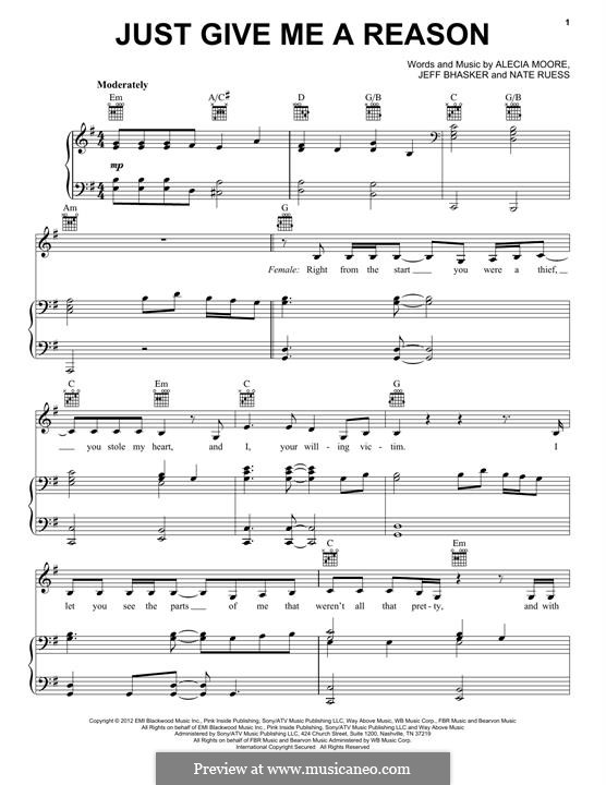 Just Give Me a Reason (Pink): Для голоса и фортепиано (или гитары) by Alecia Moore, Jeff Bhasker, Nathaniel Ruess