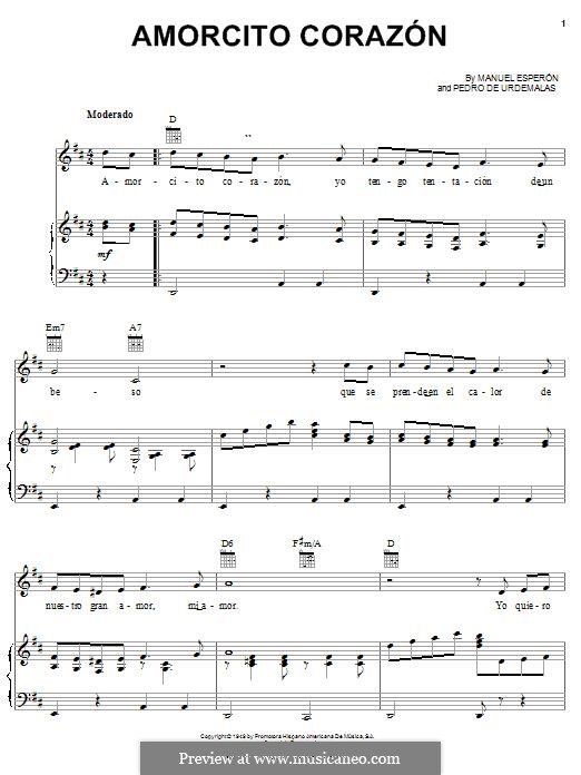 Amorcito Corazon: Для голоса и фортепиано (или гитары) by Manuel Esperón, Pedro de Urdemalas