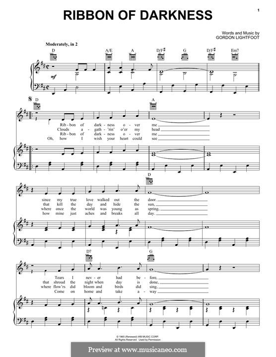 Ribbon of Darkness (Gordon Lightfoot): Для голоса и фортепиано (или гитары) by Gordon Lightfoot