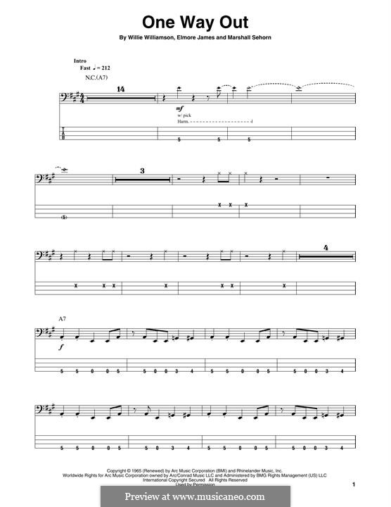 One Way Out (Allman Brothers Band): Для бас-гитары с табулатурой by Elmore James, Marshall Sehorn