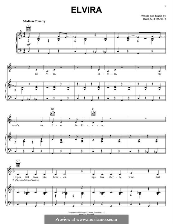Elvira (The Oak Ridge Boys): Для голоса и фортепиано (или гитары) by Dallas Frazier