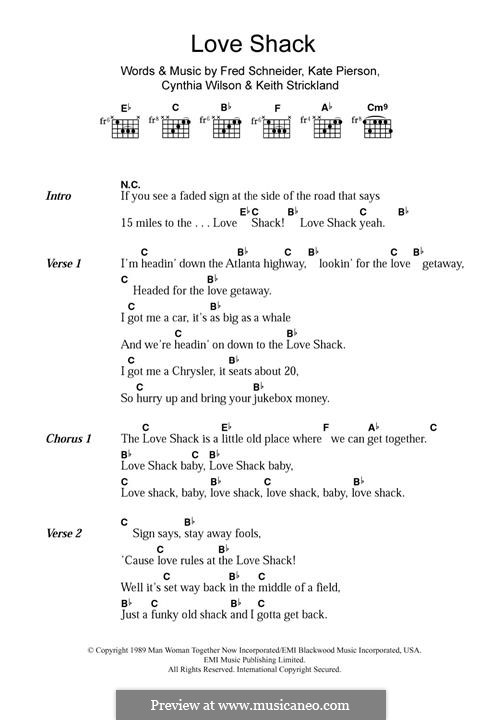 Love Shack (The B-52's): Текст, аккорды by Cynthia L. Wilson, Frederick W. Schneider, Kate Pierson, Keith J. Strickland