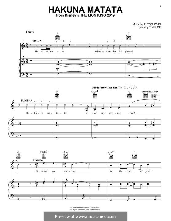 Hakuna Matata (from The Lion King 2019): Для голоса и фортепиано (или гитары) by Elton John