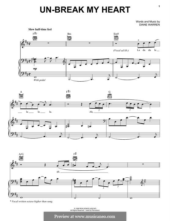 Un-Break My Heart (Toni Braxton): Для голоса и фортепиано (или гитары) by Diane Warren