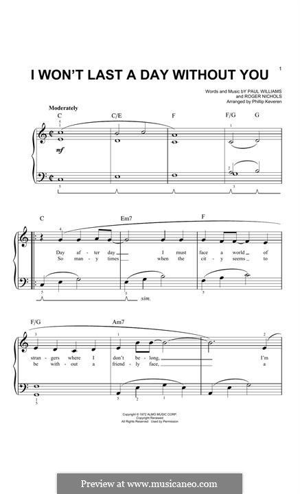 I Won't Last a Day without You (Carpenters): Для фортепиано (легкий уровень) by Paul H. Williams, Roger Nichols