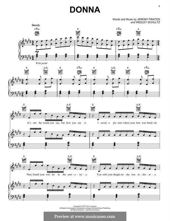 Donna (The Lumineers): Для голоса и фортепиано (или гитары) by Jeremy Fraites, Wesley Schultz