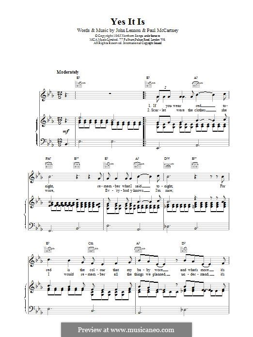 Yes It Is (The Beatles): Для голоса и фортепиано (или гитары) by John Lennon, Paul McCartney