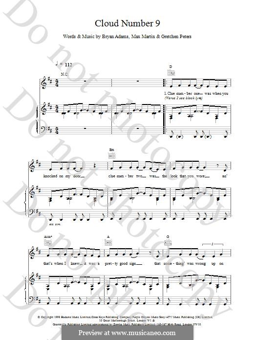 Cloud Number Nine: Для голоса и фортепиано (или гитары) by Bryan Adams, Gretchen Peters, Max Martin