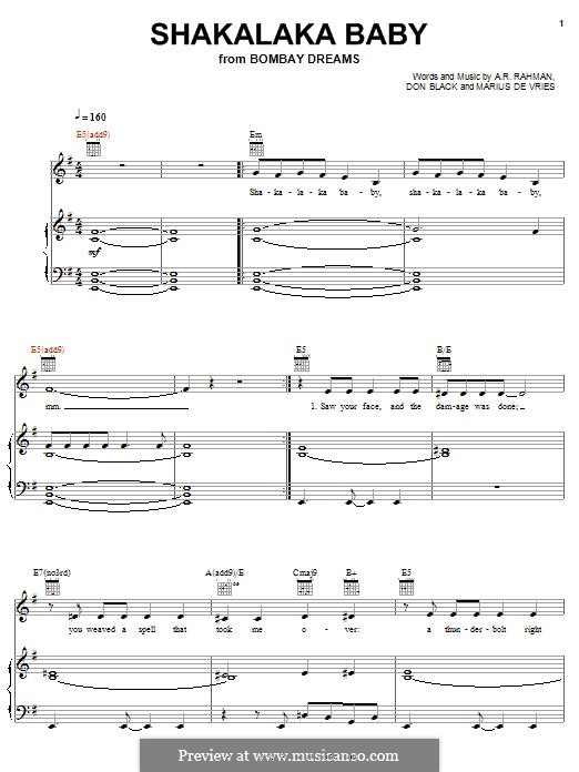 Shakalaka Baby (from Bombay Dreams): Для голоса и фортепиано (или гитары) by A.R. Rahman, Don Black, Marius De Vries