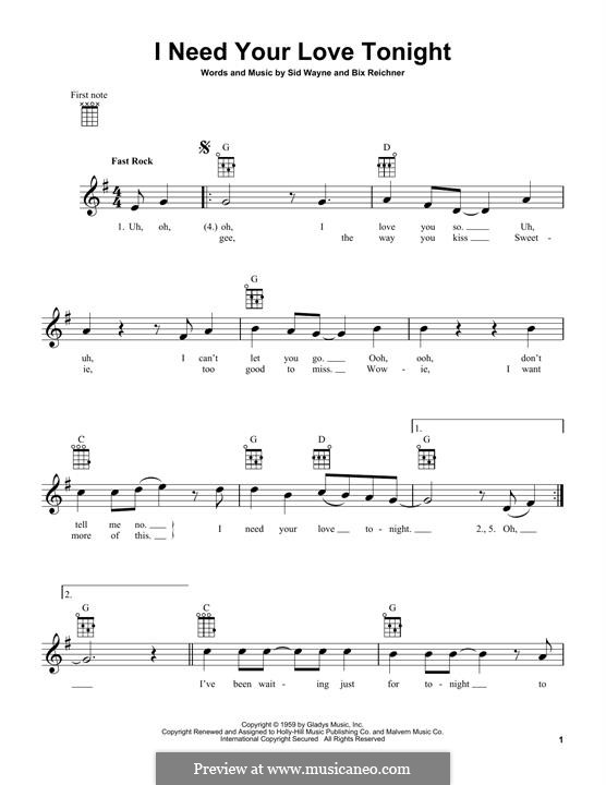I Need Your Love Tonight (Elvis Presley): Для укулеле by Bix Reichner, Sid Wayne