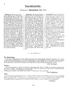Сарабанда, Op.4: Версия для скрипки и фортепиано – партитура by Франческо Джеминиани