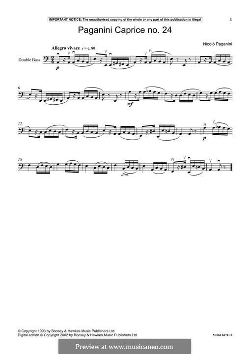 Двадцать четыре каприса, Op.1: Caprice No.24, for double bass by Никколо Паганини